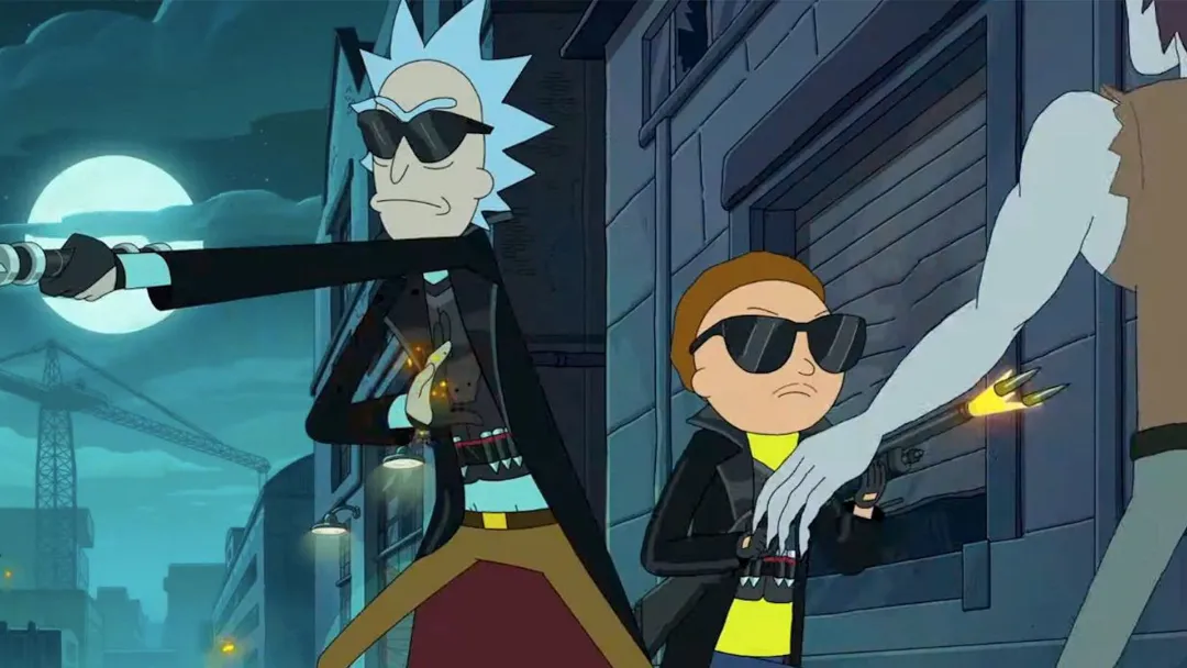 2023-9-rick-and-morty-wearing-sunglasses-and-fighting-in-season-7-